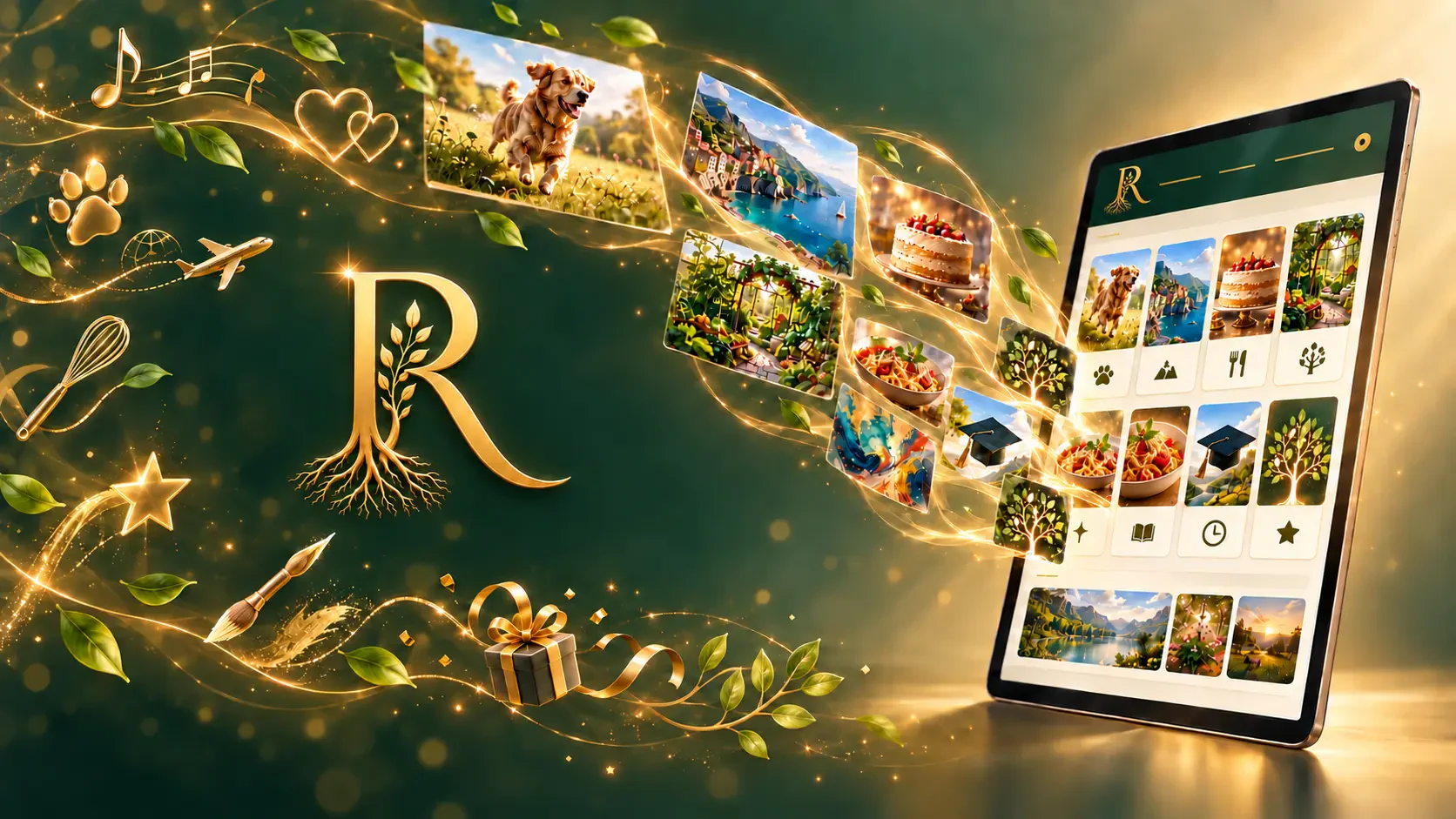 A joyful collage of life moments surrounding the Raemori emblem and digital experience